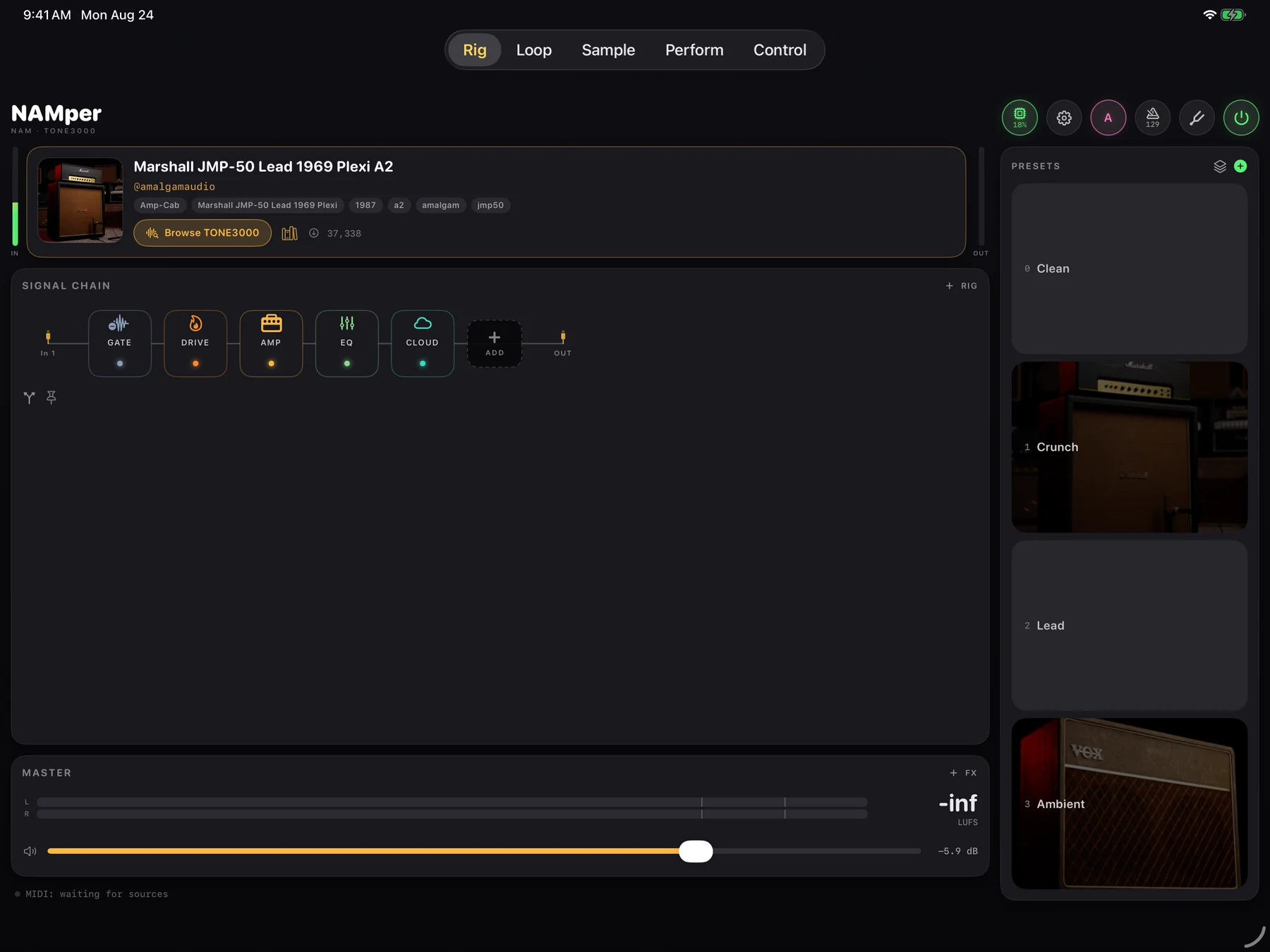 NAMper on iPad: two-column rig layout with the preset rail