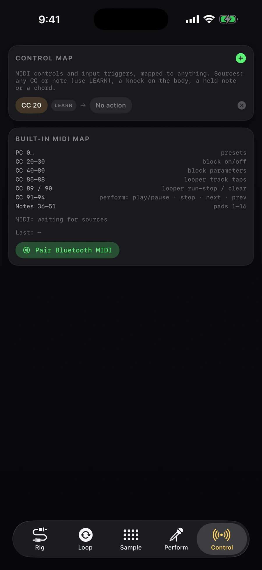 The Control tab: the control map and the built-in MIDI map