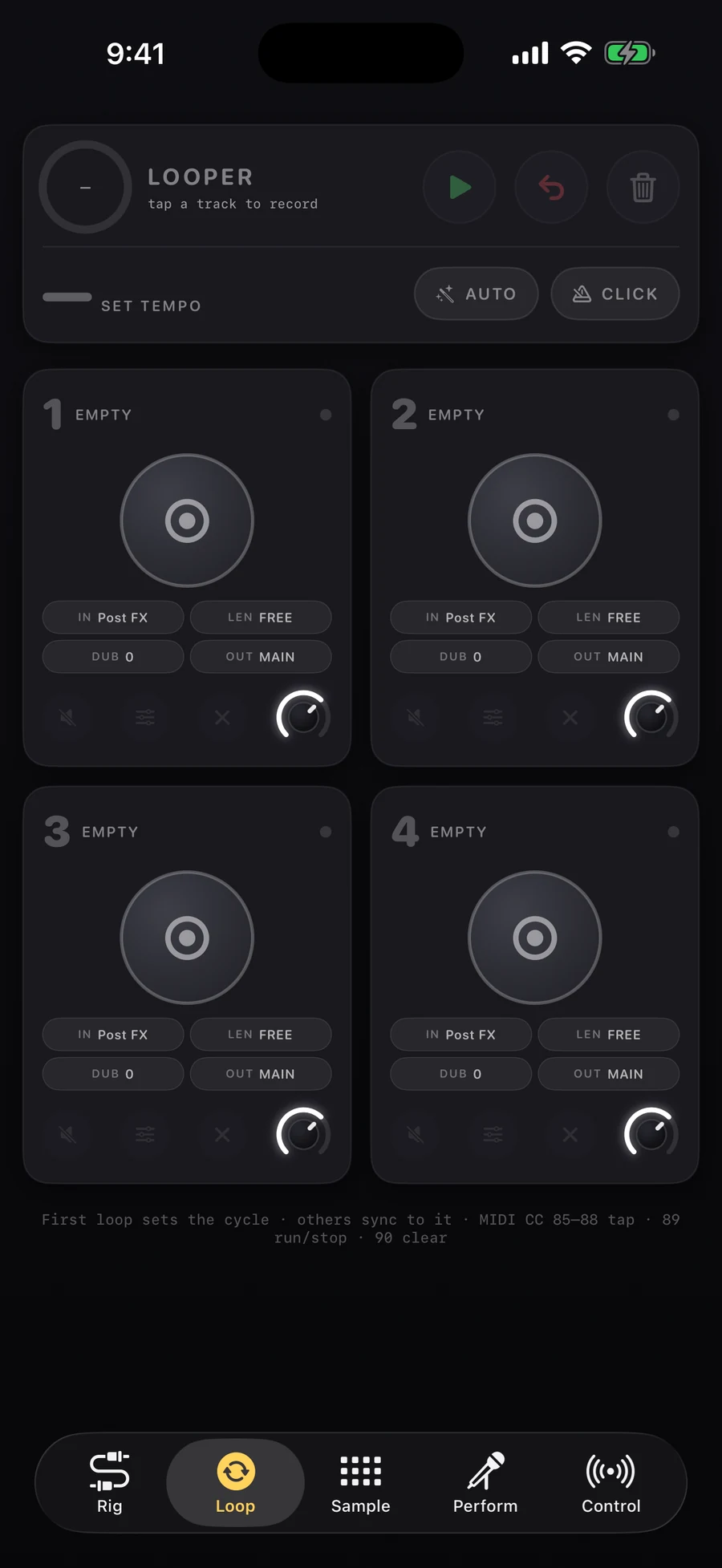 The Loop tab: four synced loop tracks with circular pads