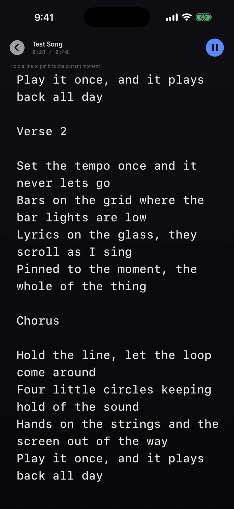 Song lyrics scrolling in the teleprompter
