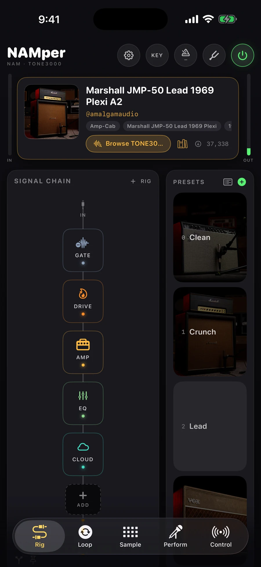 The Rig tab: amp head, signal chain and presets
