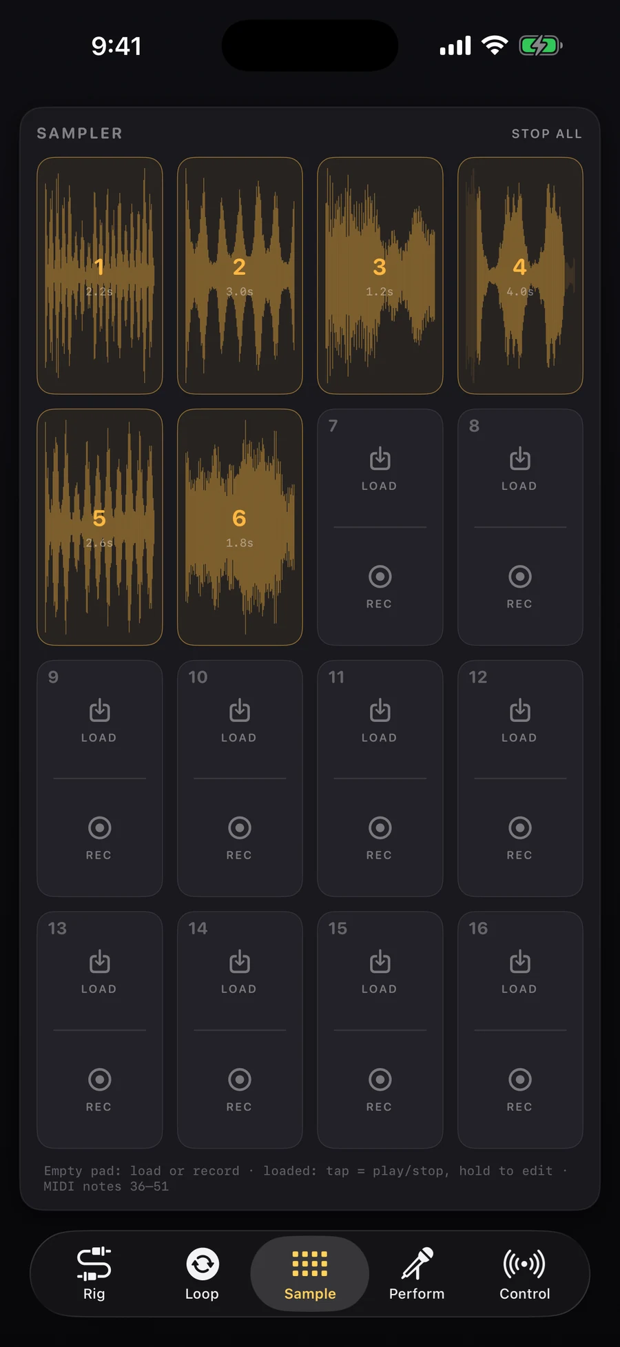 The Sample tab: 16 sampler pads loaded with an acoustic drum kit