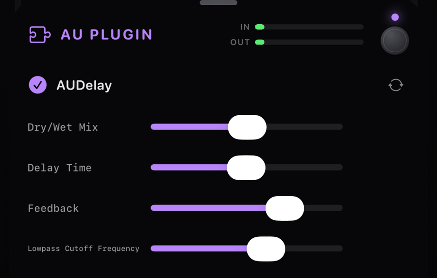 An Audio Unit plugin hosted inside a NAMper block: a status row with the plugin name at the top and a column of generic parameter sliders below.