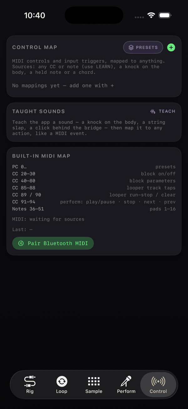 The Control tab: the CONTROL MAP card with mapping rows, the TAUGHT SOUNDS card, and the BUILT-IN MIDI MAP card listing CC ranges with a Pair Bluetooth MIDI button at the bottom.