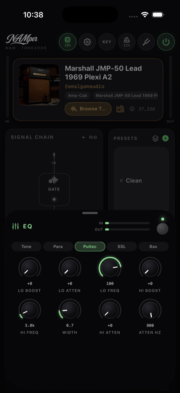 The EQ block sheet with the Passive model selected, showing its eight knobs: Lo Boost, Lo Atten, Lo Freq, Hi Boost, Hi Freq, Width, Hi Atten and Atten Hz, with IN and OUT meters at the top.
