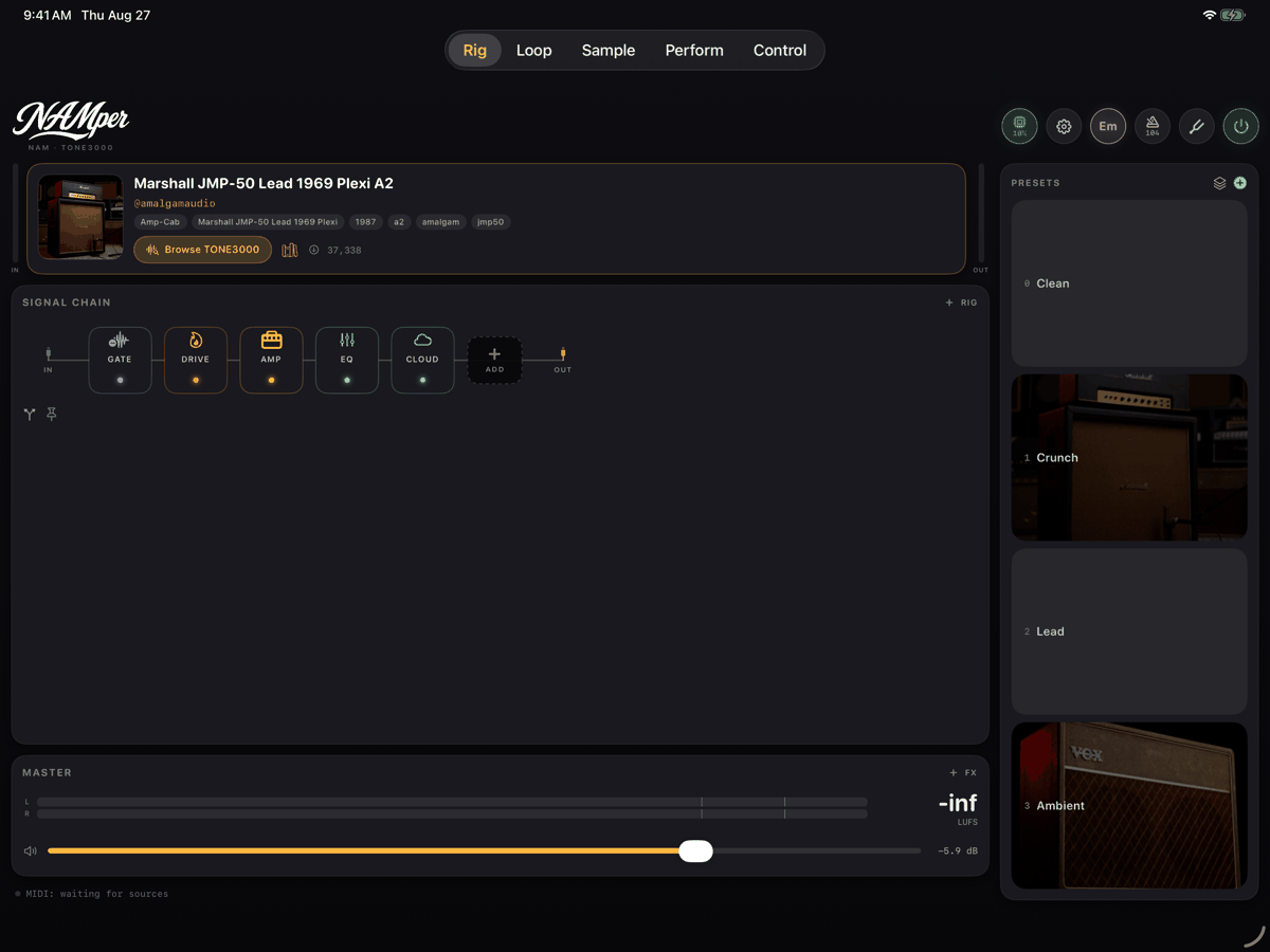 NAMper on iPad: the rig laid out edge to edge with the preset rail on the right