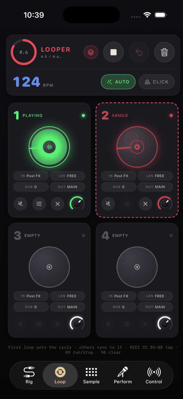 The Loop tab: track 1 playing with a green radial waveform and a spinning beam, track 2 armed with a dashed red border, tracks 3 and 4 empty, the AUTO chip lit green and the tempo reading 124 BPM.
