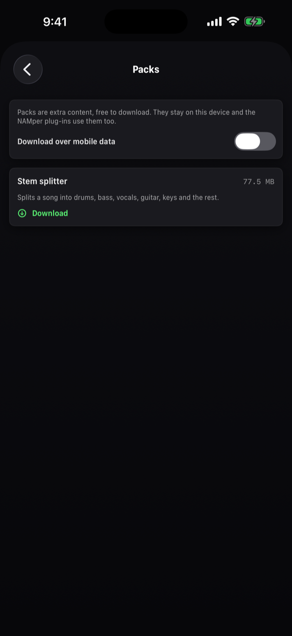 The Packs page in Settings: the line saying packs are free extra content, the Download over mobile data switch, and the Stem splitter pack with its size, the line Splits a song into drums, bass, vocals, guitar, keys and the rest, and its Download key.