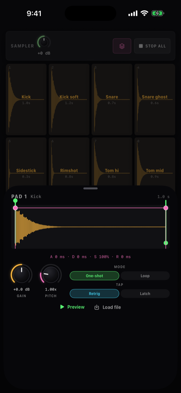 The pad editor sheet over the sampler: PAD 1, Kick, its waveform between the trim handles with the ADSR curve and its readout, the Gain and Pitch knobs, the MODE and TAP chips, Preview and Load file.