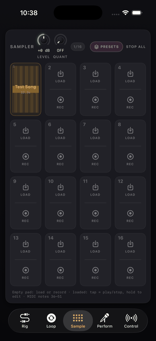 The Sample tab with the acoustic drum factory kit loaded across all sixteen pads, each showing its sample name, length and waveform, with the LEVEL and QUANT knobs and the quantize grid chip in the header.