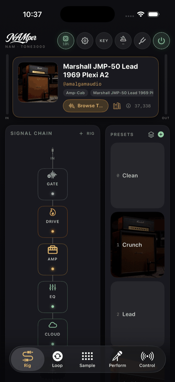 The Rig tab with a NAM amp profile loaded, the signal chain and the preset rail