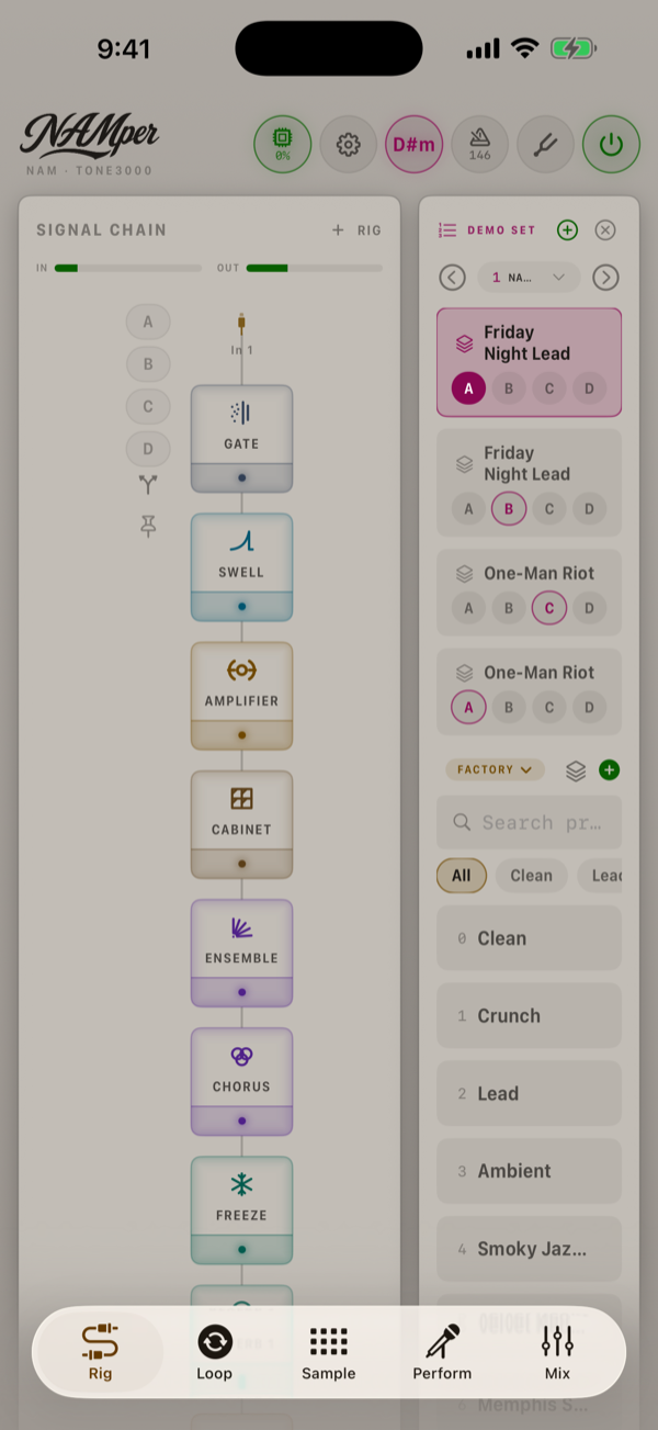 The Rig tab in the Concrete light theme: a light grey page, white cards and the chain's tiles in their family colours.