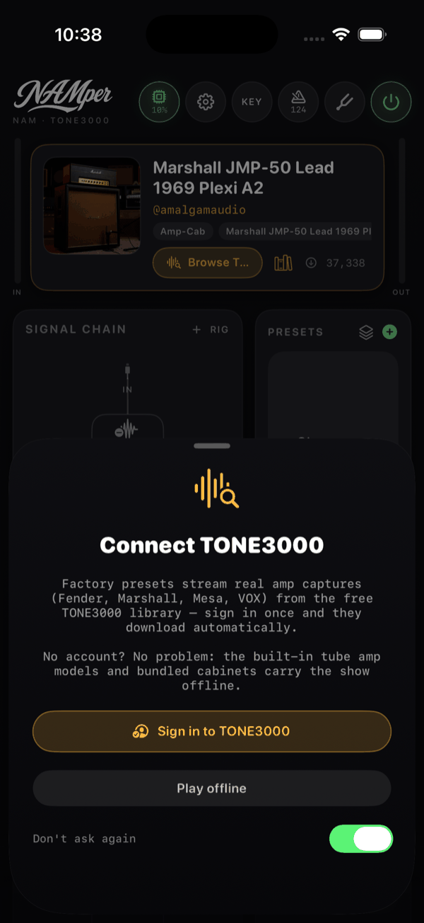 The Connect TONE3000 sheet over the Rig tab, offering Sign in to TONE3000 and Play offline buttons with a Don't ask again toggle.