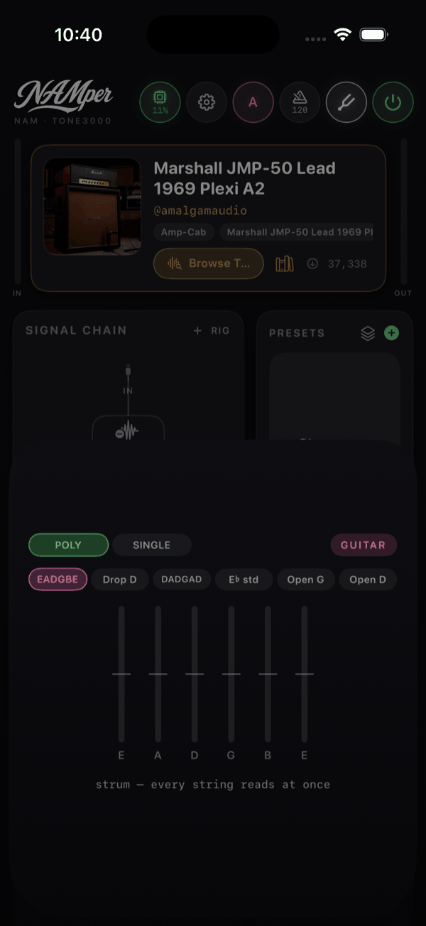 The tuner sheet in POLY mode: mode chips, a GUITAR badge, a row of tuning chips, and six vertical string meters with note names underneath.